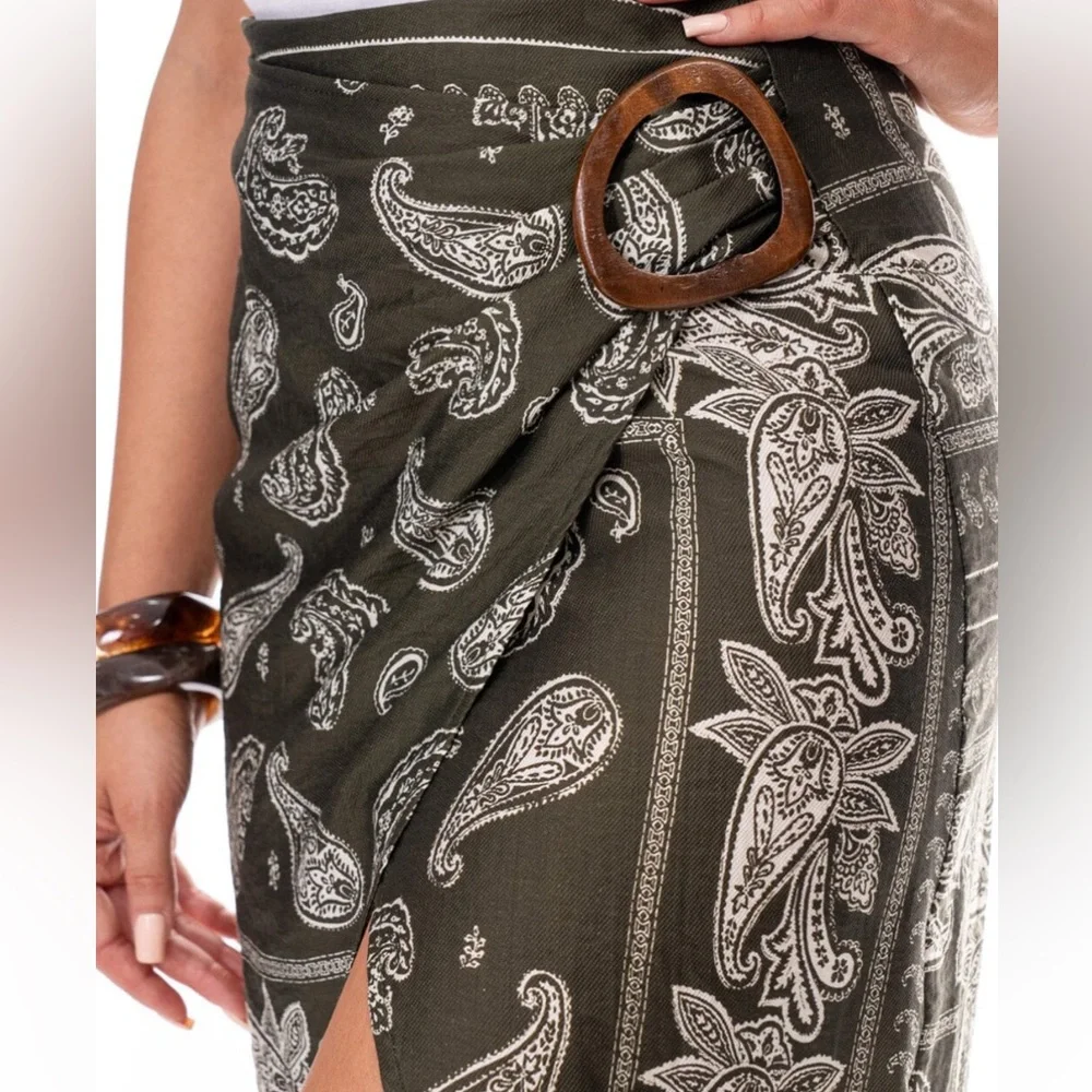 NWT GALITA boutique Olive Paisley faux Wrap Skirt w front Slit Sz L & bandana